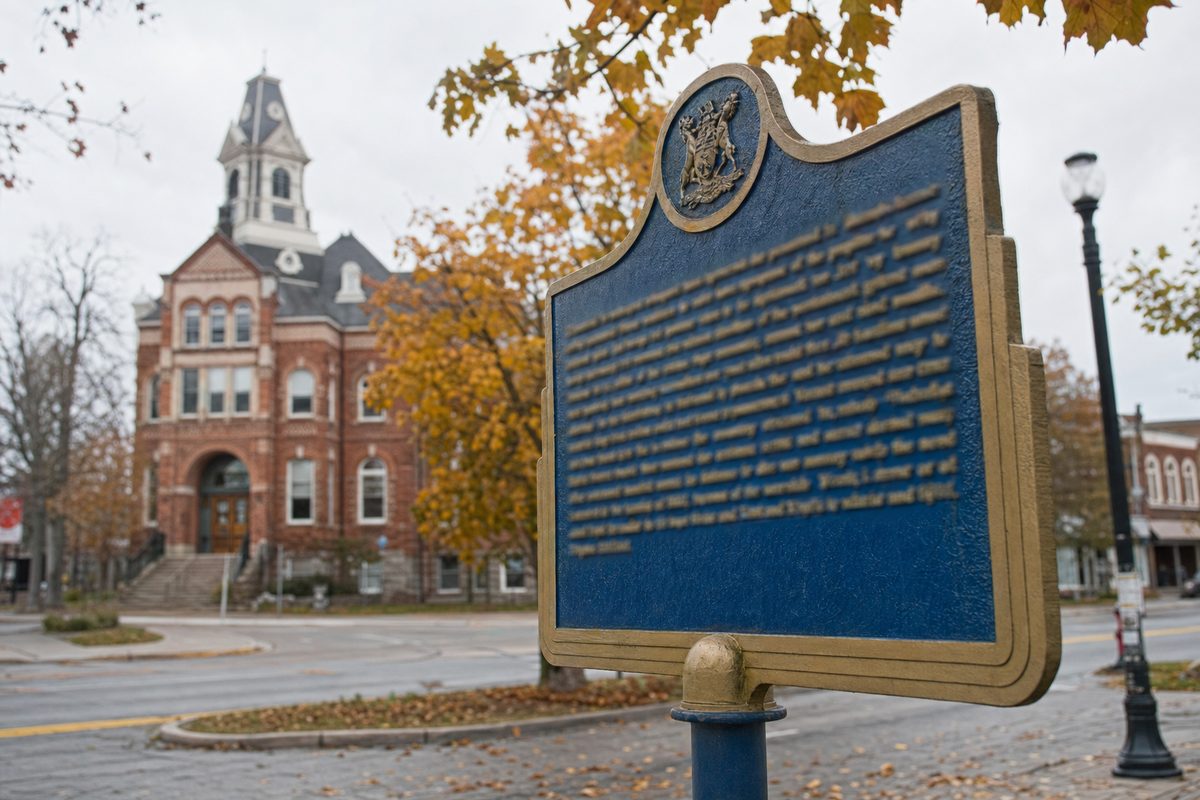A blue and gold provincial plaque on a post beside a small-town main street in autumn